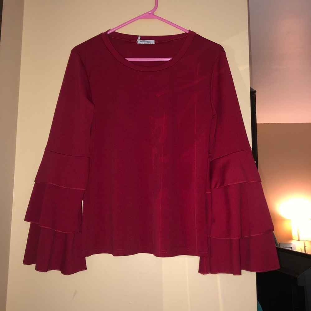 Red ruffled layered sleeves blouse top size small